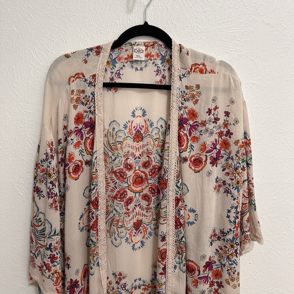 Bila Boho Hippie Floral Long Kimono Duster Cover-Up Cardigan Sz M/L Lace Trim - Picture 3 of 12